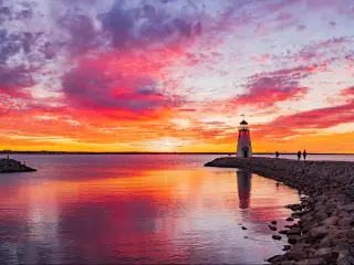 Sunset beautiful afterglow over the lighthouse of Lake Hefner, Oklahoma City, Oklahoma, USA.