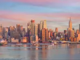 New York City skyline, cityscape of Manhattan in USA at sunset.