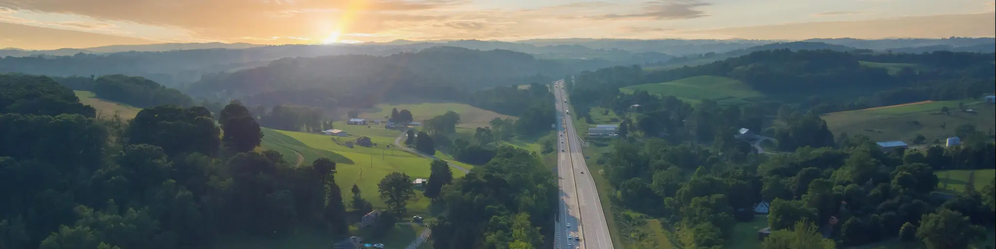 Aerial view of Interstate 70 in Pennsylvania during sunset