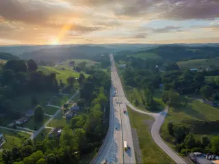Aerial view of Interstate 70 in Pennsylvania during sunset