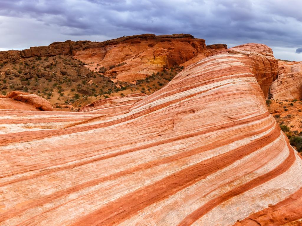 Valley of Fire State Park, Nevada, USA with the red sandstone rock formation Fire Wave inside Valley of Fire State Park on a cloudy day.