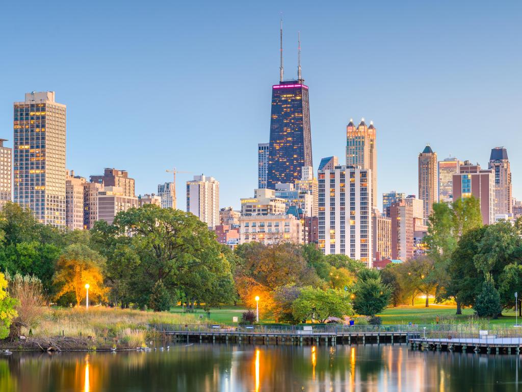 Chicago, Illinois, USA downtown skyline from Lincoln Park at early evening. 