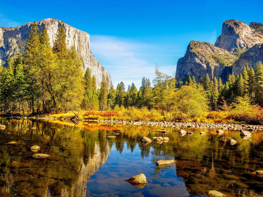 Rocky mountains reflected in clear, still water at Yosemite National Park