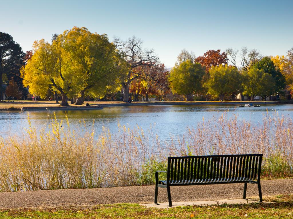 A bench and colorful trees in the fall in Washington Park in Denver, Colorado