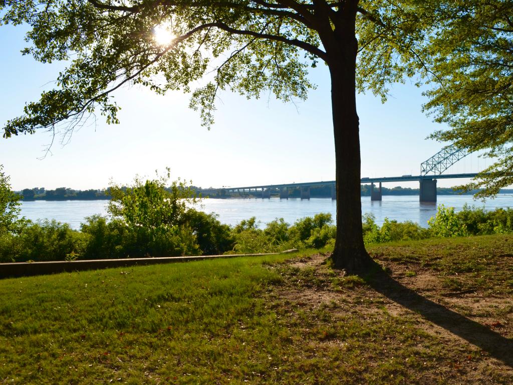A view of the Mississippi from a park in Memphis on a sunny summer day