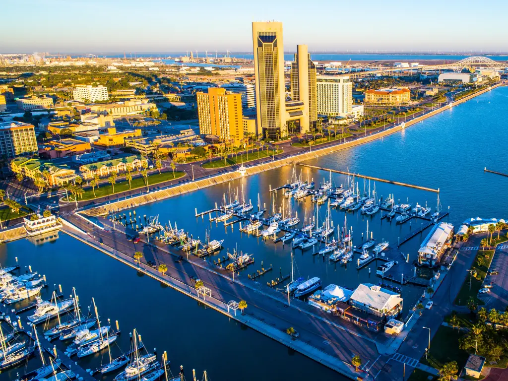 Morning view of the marina on a sunny day, photo taken using a drone