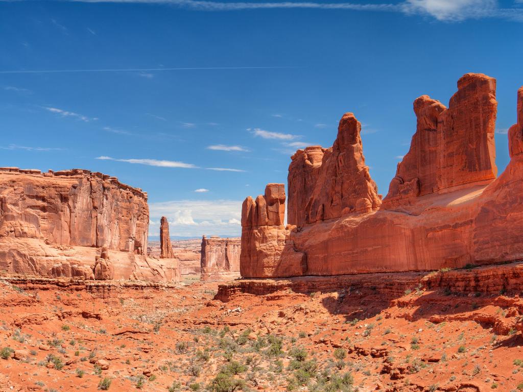 Arches National Park, Moab, Utah, USA with a view of the sandstone formations against a blue sky. 