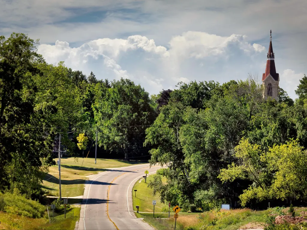 A winding road leads to a church that stands in the countryside near Manitowoc, Wisconsin.