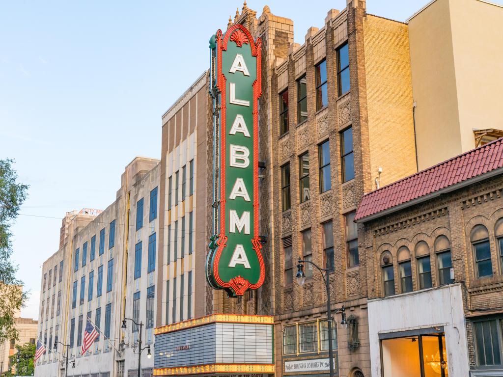 Historic green and red Alabama Theater sign in downtown Birmingham