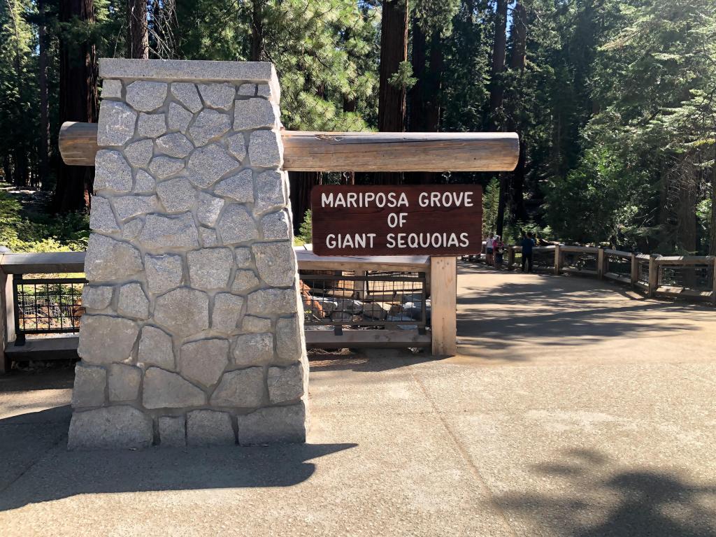 The brown tourism sign of Mariposa Grove at the South Entrance of Yosemite National Park