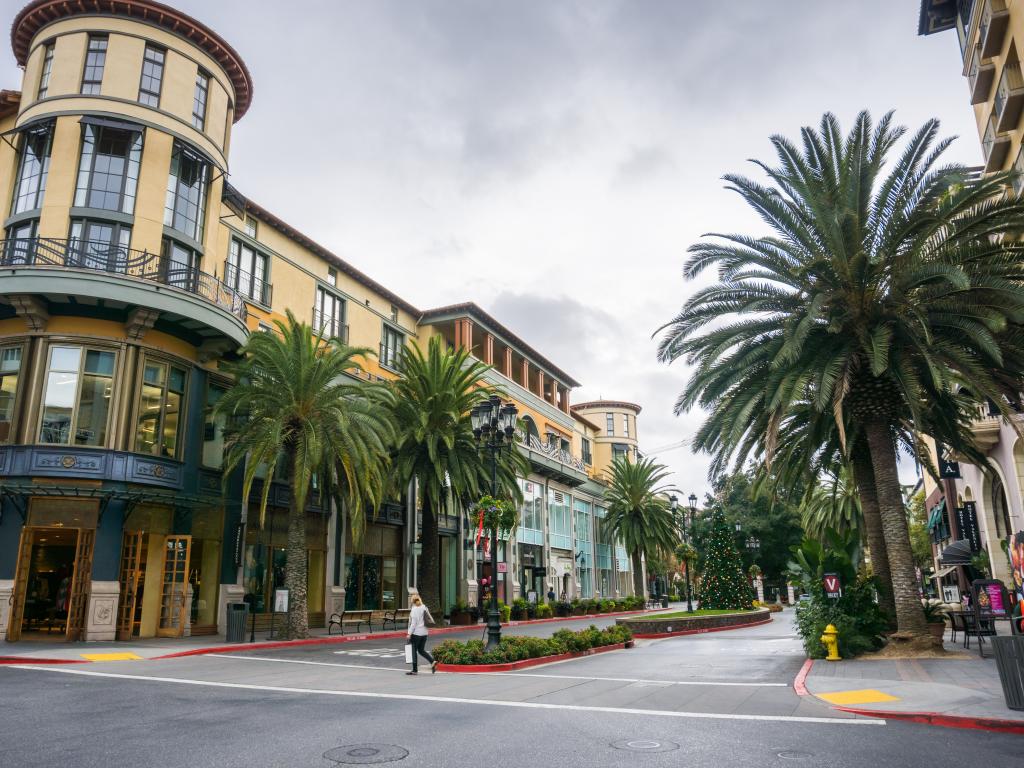 Pretty buildings and palm trees in the Santana Row neighborhood in San Jose, California