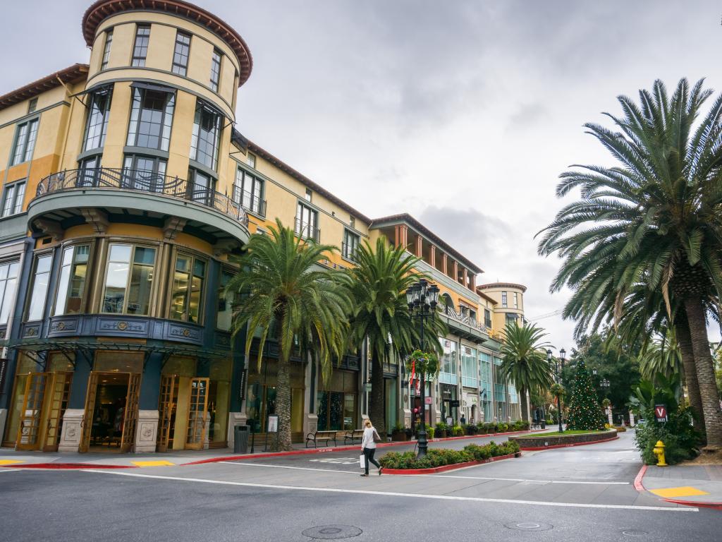 Pretty buildings and palm trees in the Santana Row neighborhood in San Jose, California