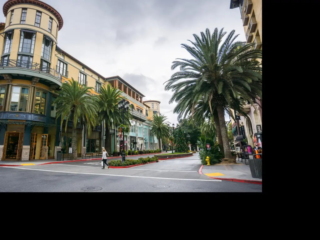 Pretty buildings and palm trees in the Santana Row neighborhood in San Jose, California