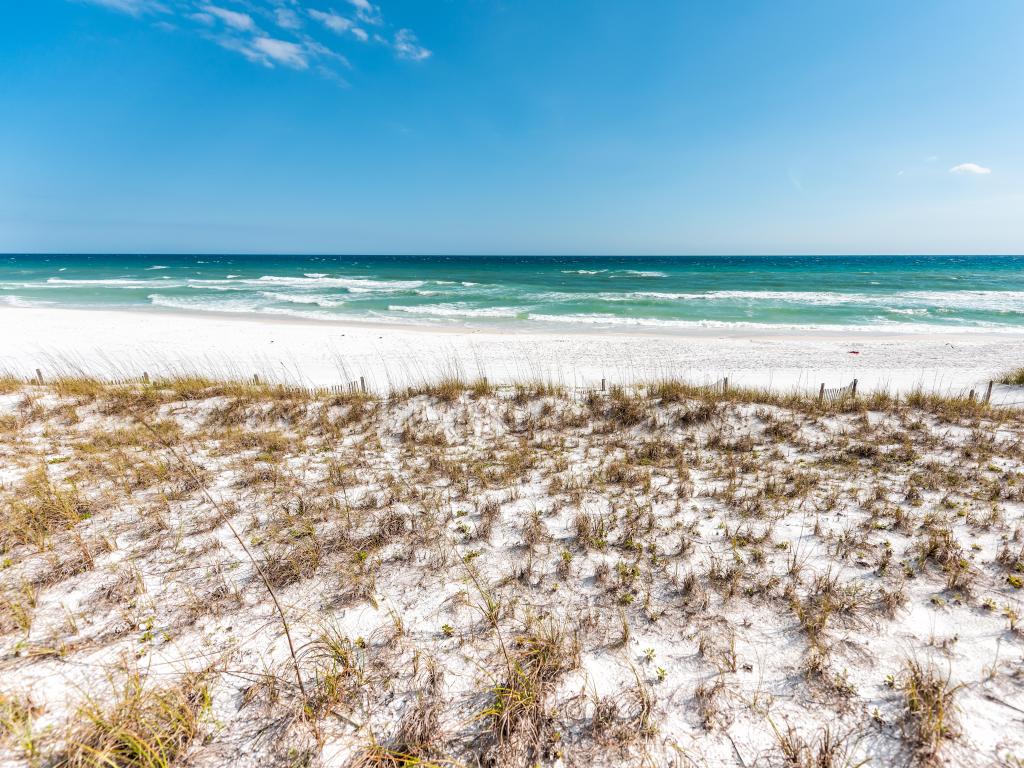 Miramar Beach, Destin, Florida, USA with white sand dunes, blue sea and blue sky. 