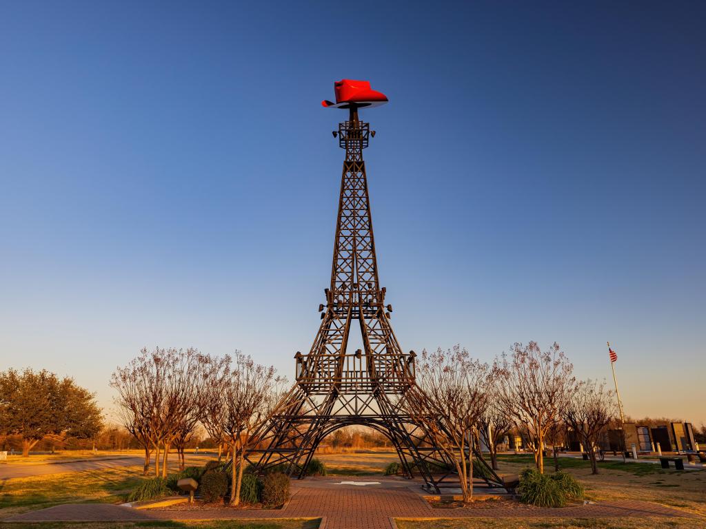 Daytime view of the famous Paris Texas Eiffel Tower at USA with a cowboy hat on the spindle