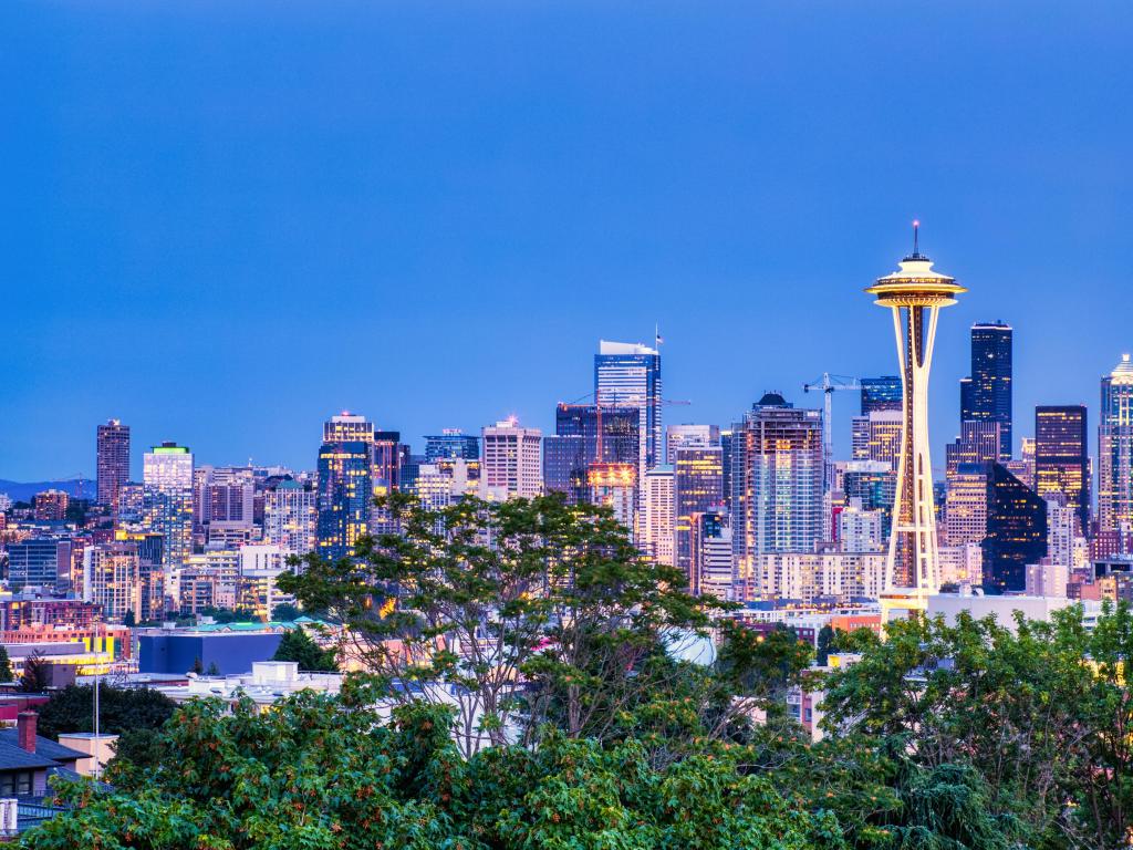 Seattle, Washington, USA with the cityscape and Mt. Rainier in the background and taken at dusk with a few trees in the foreground. 