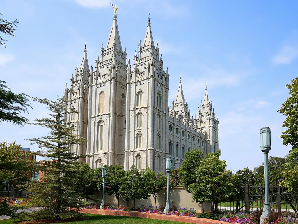 Temple Square, a granite structure that took 40 years to complete, and is a popular tourist destination. Temple Square is own by The Church of Jesus Christ of Latter-day Saints, Salt Lake City, Utah.