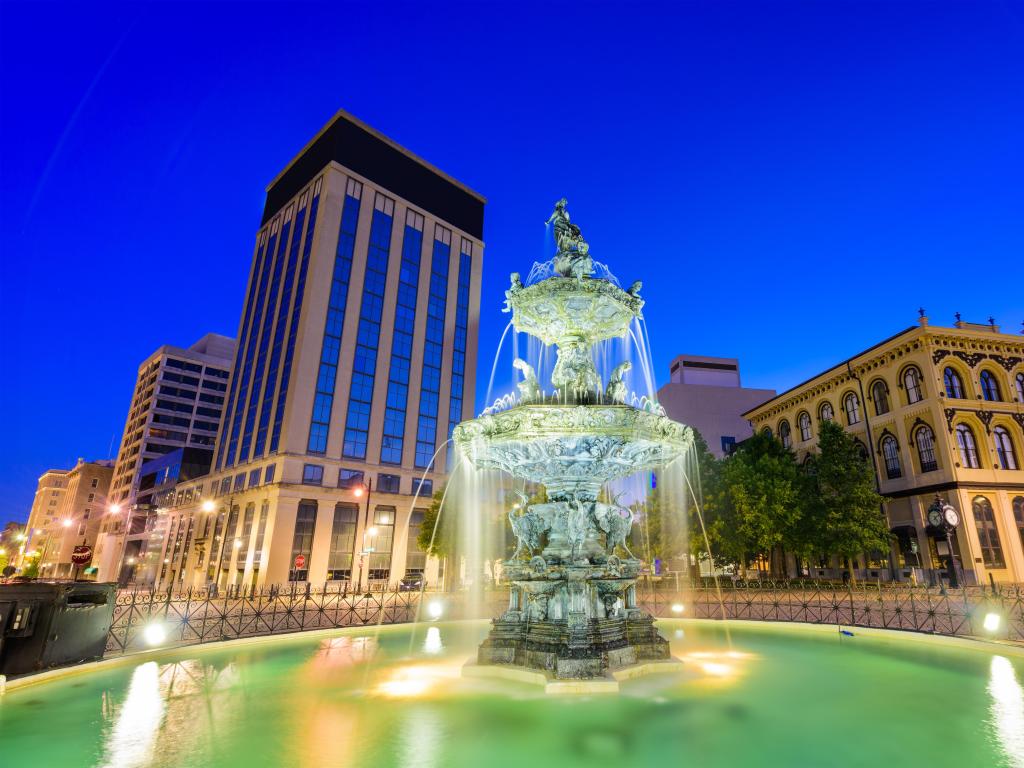 Montgomery, Alabama, fountain and downtown cityscape.