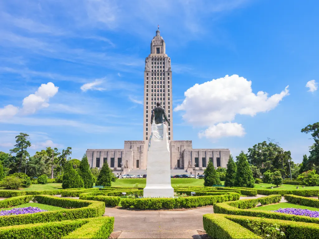 Louisiana State Capitol and statue of Huey Long in Baton Rouge, Louisiana