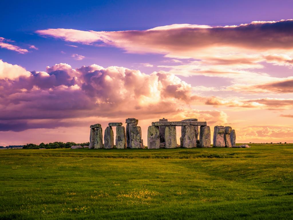 Stonehenge, England at sunset.