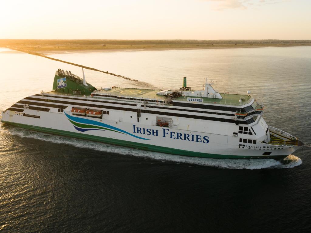 Irish Ferries ferry leaving Dublin port for the UK at sunset.