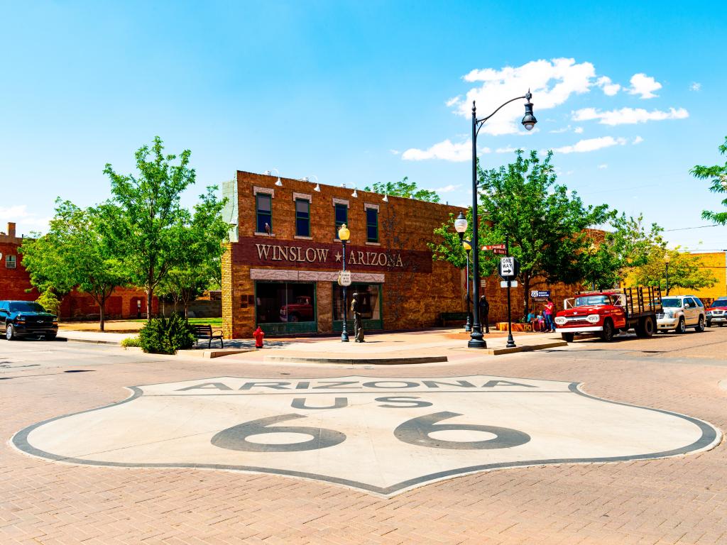 The famous park on a sunny day with the Route-66 sign in the foreground