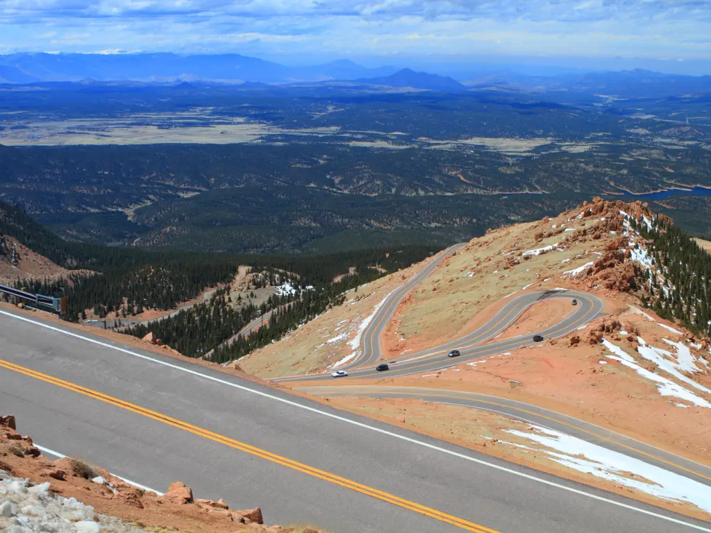 Beautiful serpentine road winding up to the Pikes Peak Mountain, Colorado, USA