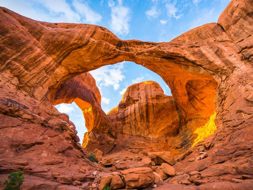 Arches National Park, Utah, USA with a view of the Double Arch in the evening.