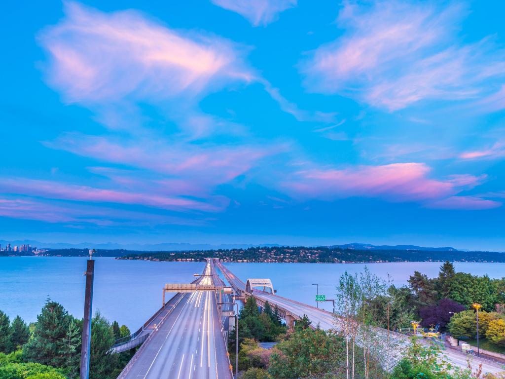 View of high way on night time,i-90 from Seattle to Mercer island,WA,USA.