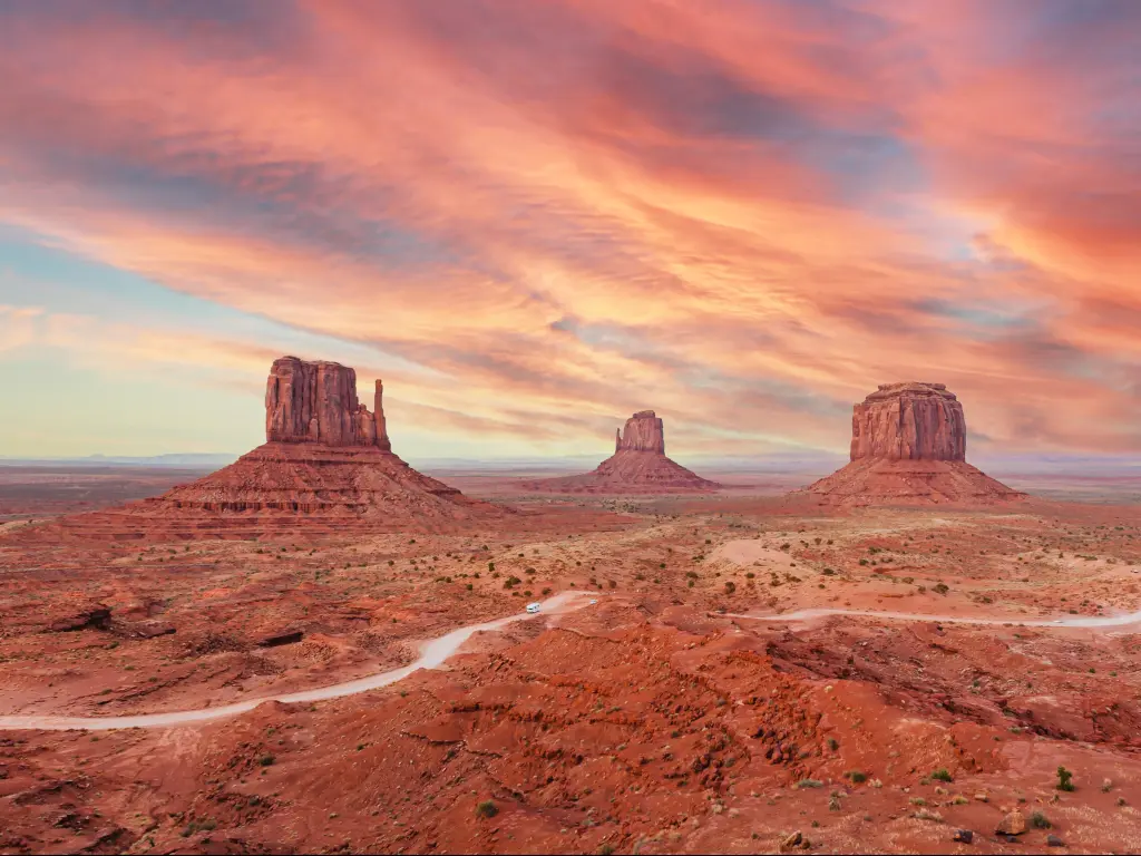 Monument Valley, Arizona, USA with a stunning sunset over the valley.