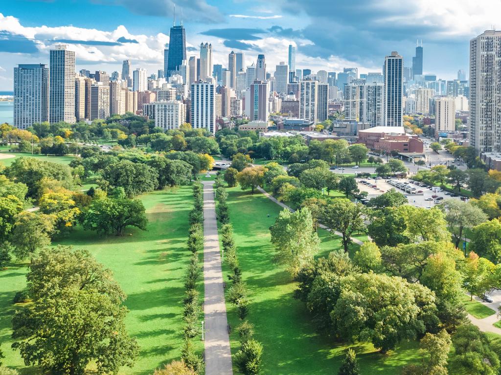 Chicago skyline aerial drone view from above, lake Michigan and city of Chicago downtown skyscrapers