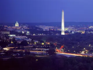 Washington DC Skyline at night, showing the Jefferson Memorial, U.S. Capitol, Washington Monument, and Lincoln Memorial.