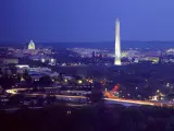 Washington DC Skyline at night, showing the Jefferson Memorial, U.S. Capitol, Washington Monument, and Lincoln Memorial.