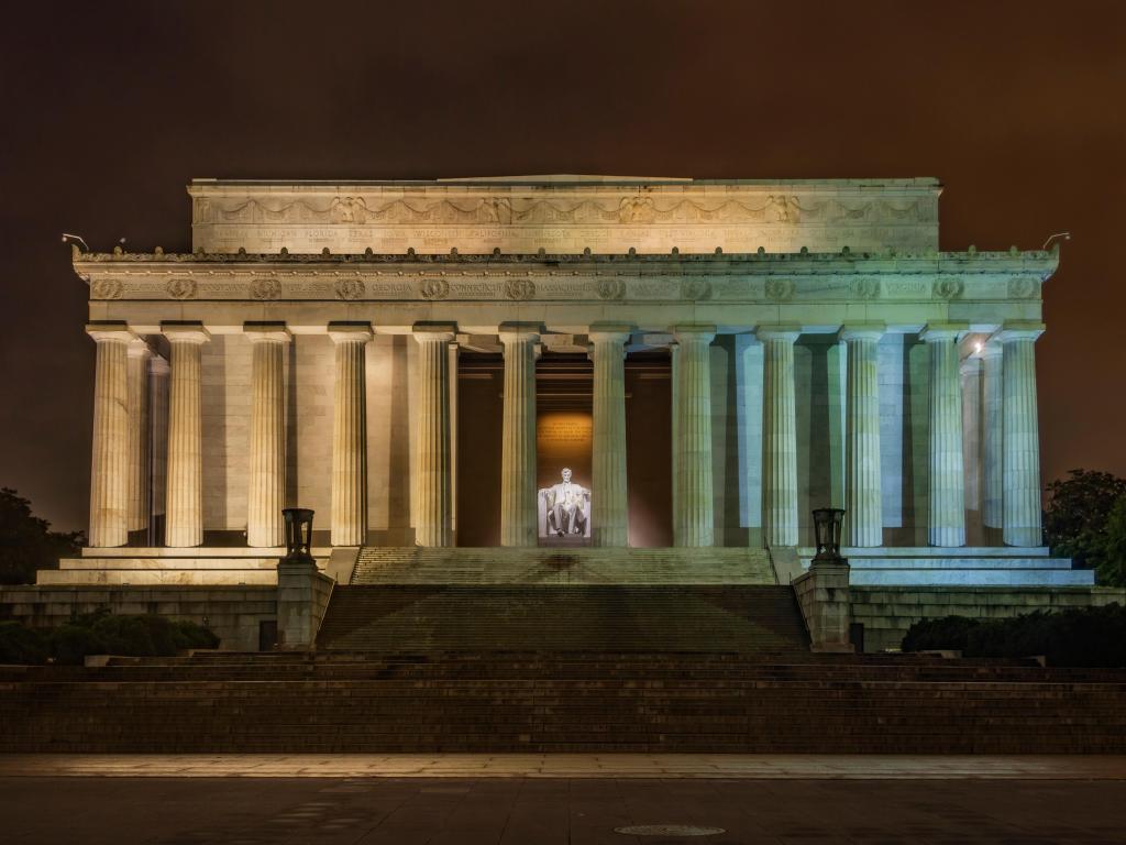 The Lincoln Memorial in Washington D.C. on a cloudy night.