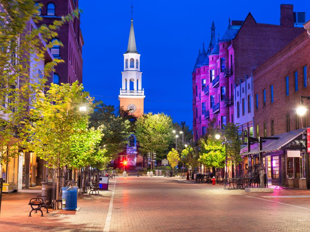 Burlington, Vermont, USA at Church Street Marketplace at twilight.