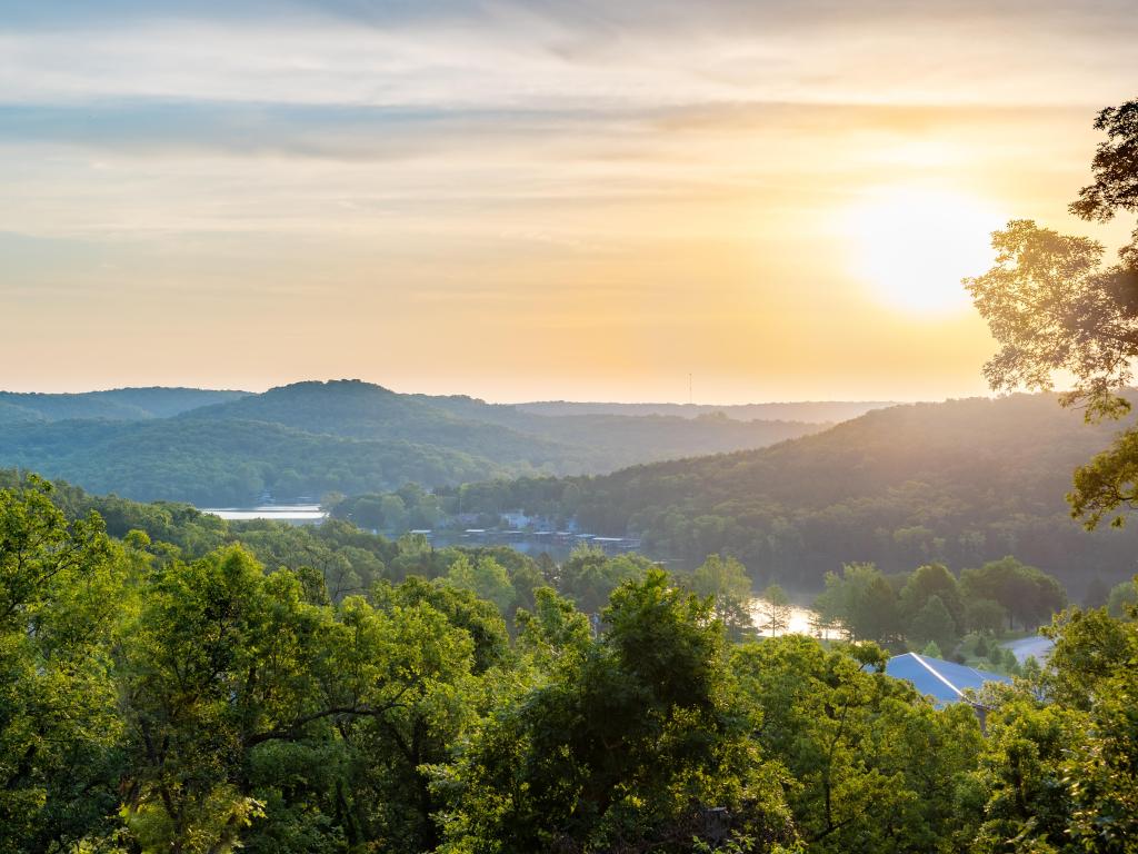 Aerial view of Lake of the Ozarks, Missouri, surrounded by lush forest