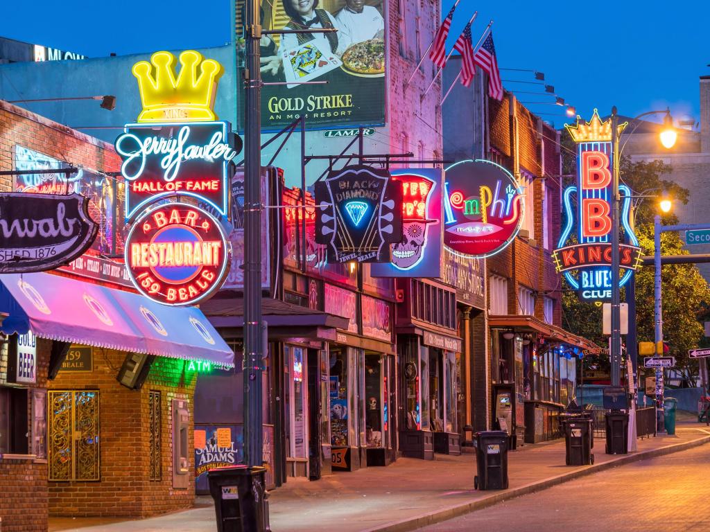 Memphis, Tennessee, USA with neon signs of famous blues clubs on Beale street, the place for blues festivals and concerts, taken at night.