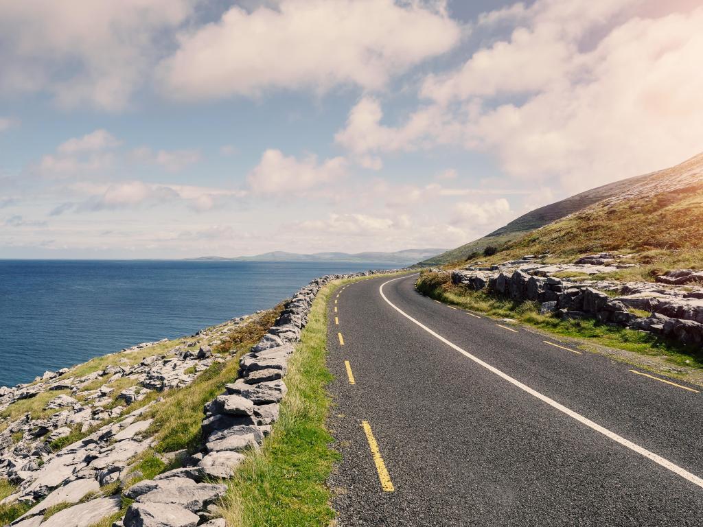 Wild Atlantic Way road in western Ireland near Burren National Park.