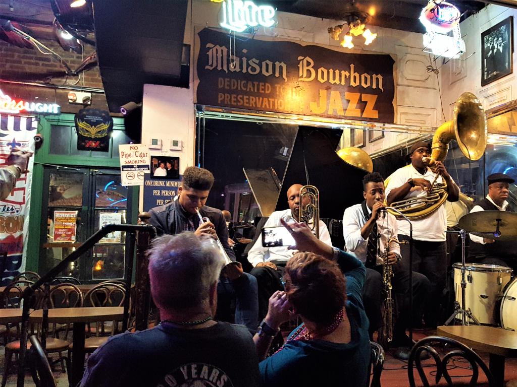 New Orleans, Louisiana USA, The jazz band is playing beautiful jazz and blues song in a pub on the Bourbon walking street in New Orleans.