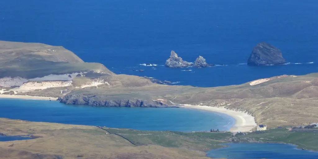 An aerial view of the crescent shaped Balnakeil Beach, Scotland. 