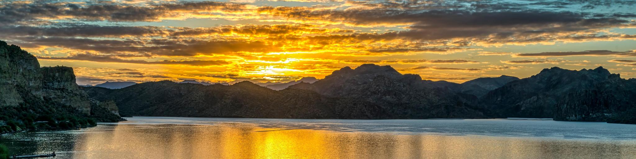 Saguaro Lake in the Tonto National Forest near Phoenix, Arizona, during sunset.