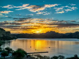 Saguaro Lake in the Tonto National Forest near Phoenix, Arizona, during sunset.