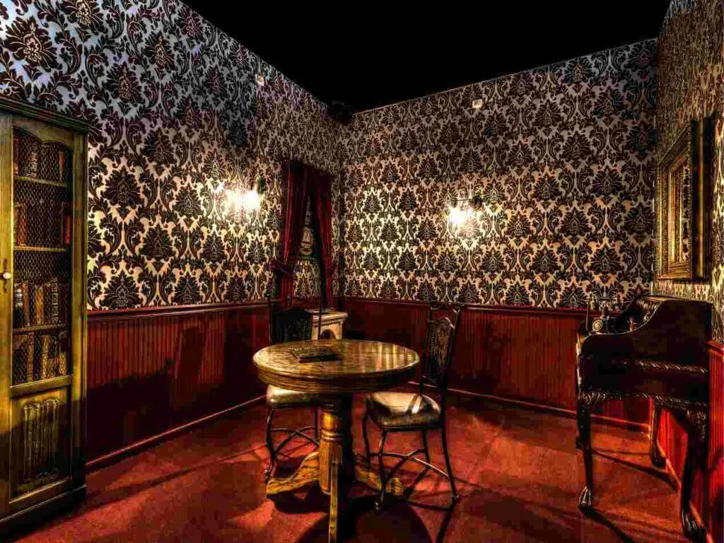 Inside mock-up of old-fashioned sitting room at Escape Room Palm Springs
