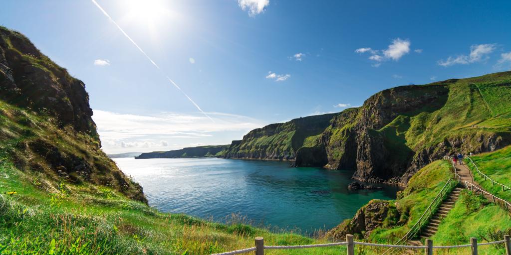 Beautiful landscape of cliffs in Ireland, with a staircase following the coast round