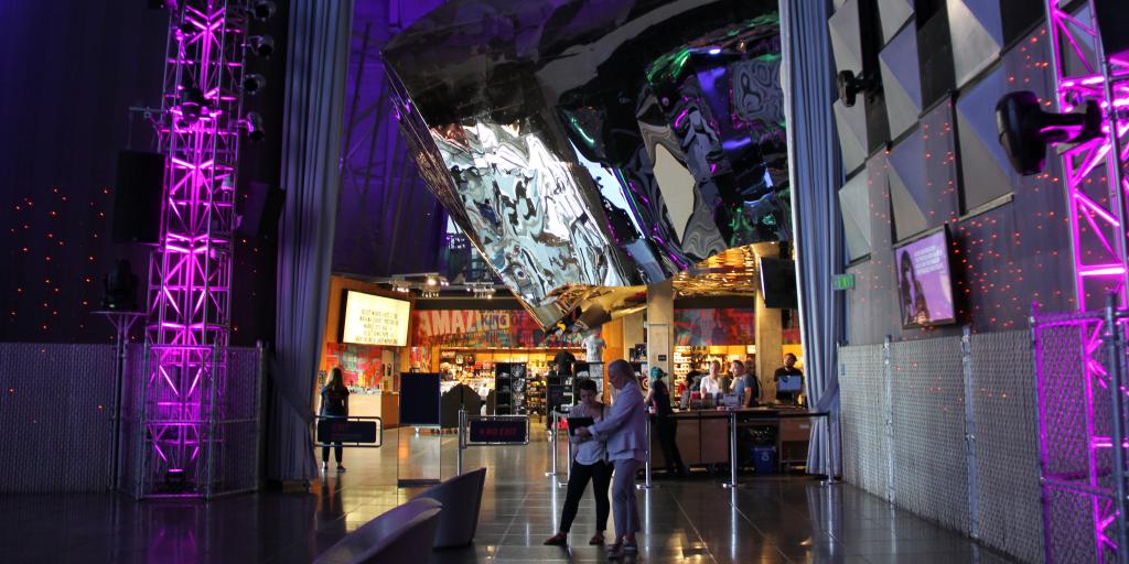 Visitors and exhibitions inside the MoPOP museum in Seattle