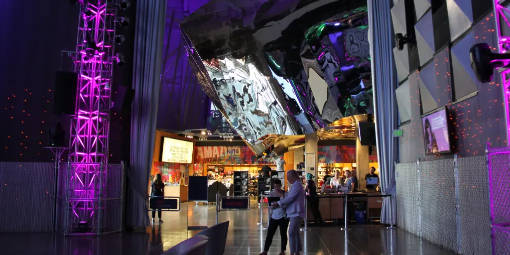 Visitors and exhibitions inside the MoPOP museum in Seattle