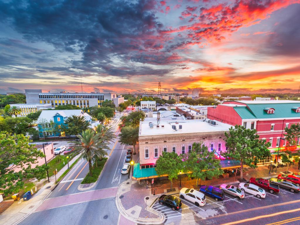 Gainesville, Florida, USA downtown cityscape at dusk.