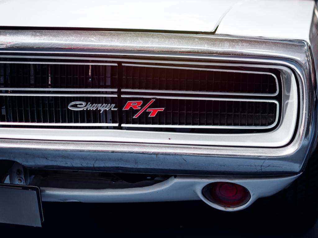 Dodge Charger R/T bumper detail, photo taken during a classic American car exhibition in Turin, Italy