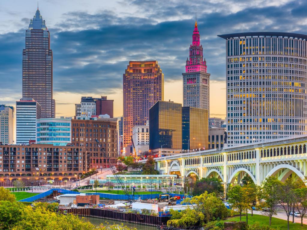 City skyline with a large elevated bridge crossing the Cuyahoga River