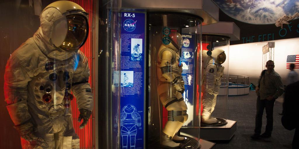 Spacesuits on display at the Space Center Houston, Texas